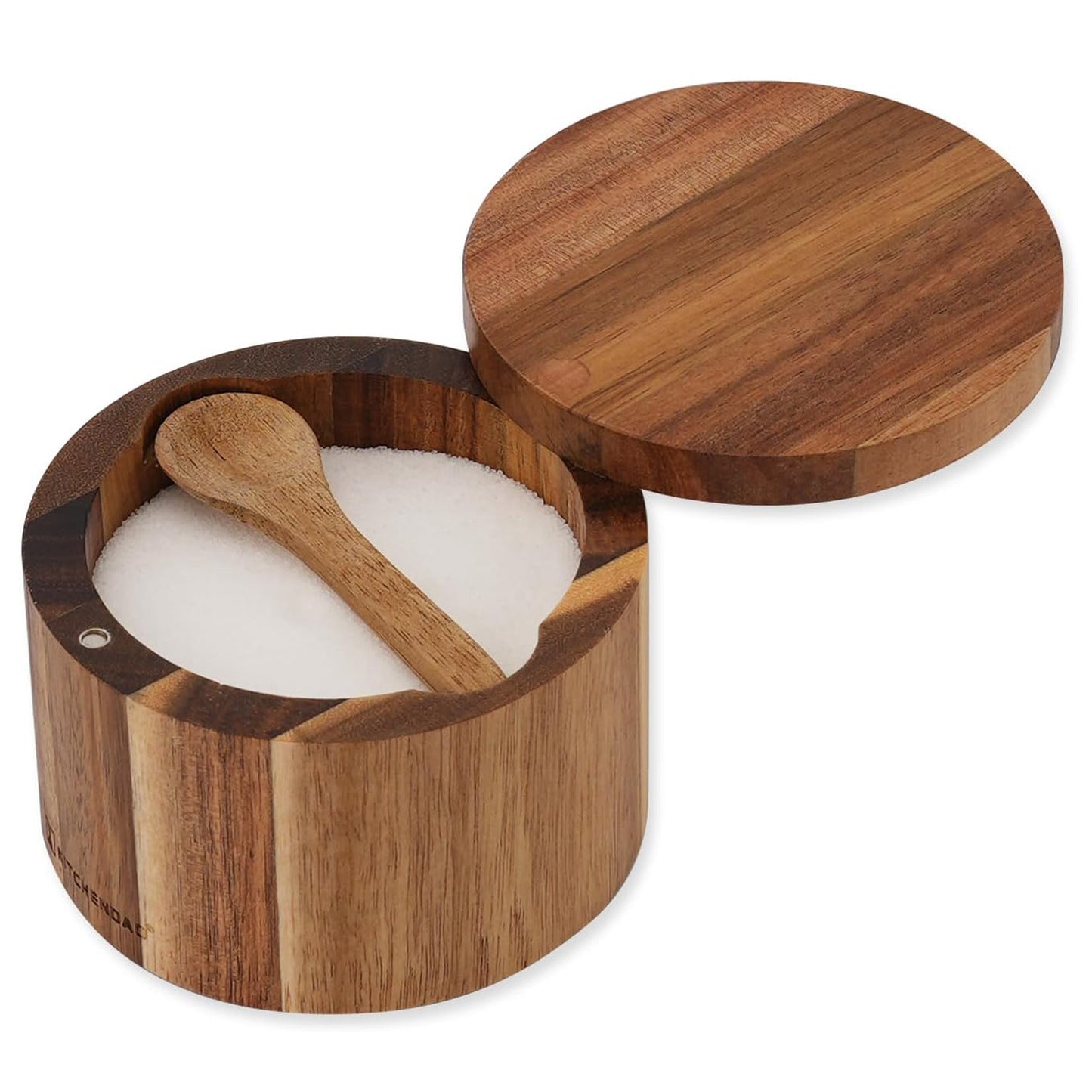 KITCHENDAO Salt Cellar with Swivel Lid and Spoon in Acacia Wood, 6OZ Capacity