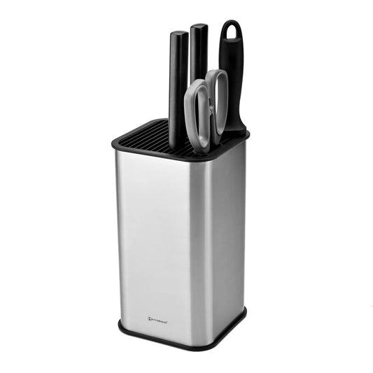 KITCHENDAO Universal Knife Block in Stainless Steel with Slots for Scissors and Sharpening Rod, Capacity 12-15 Knives