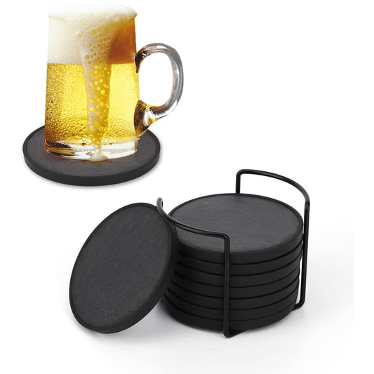 KITCHENDAO Slate  Drink Coasters with Holder, 4 Inch, 8 Pack