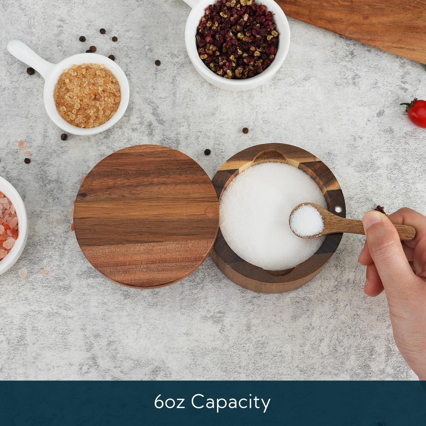 KITCHENDAO Salt Cellar with Swivel Lid and Spoon in Acacia Wood, 6OZ Capacity