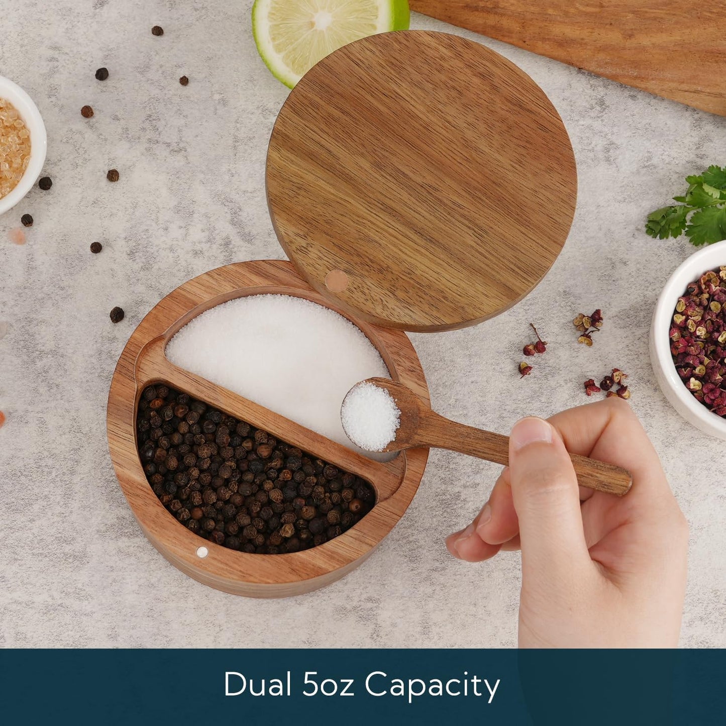 KITCHENDAO Acacia Wood Salt and Pepper Bowl with Magnetic Swivel Lid and Spoon, Dual 5OZ Capacity