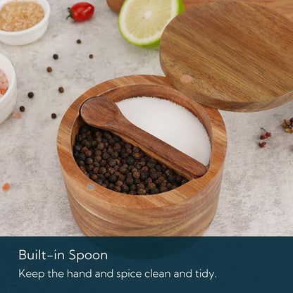 KITCHENDAO Acacia Wood Salt and Pepper Bowl with Magnetic Swivel Lid and Spoon, Dual 5OZ Capacity