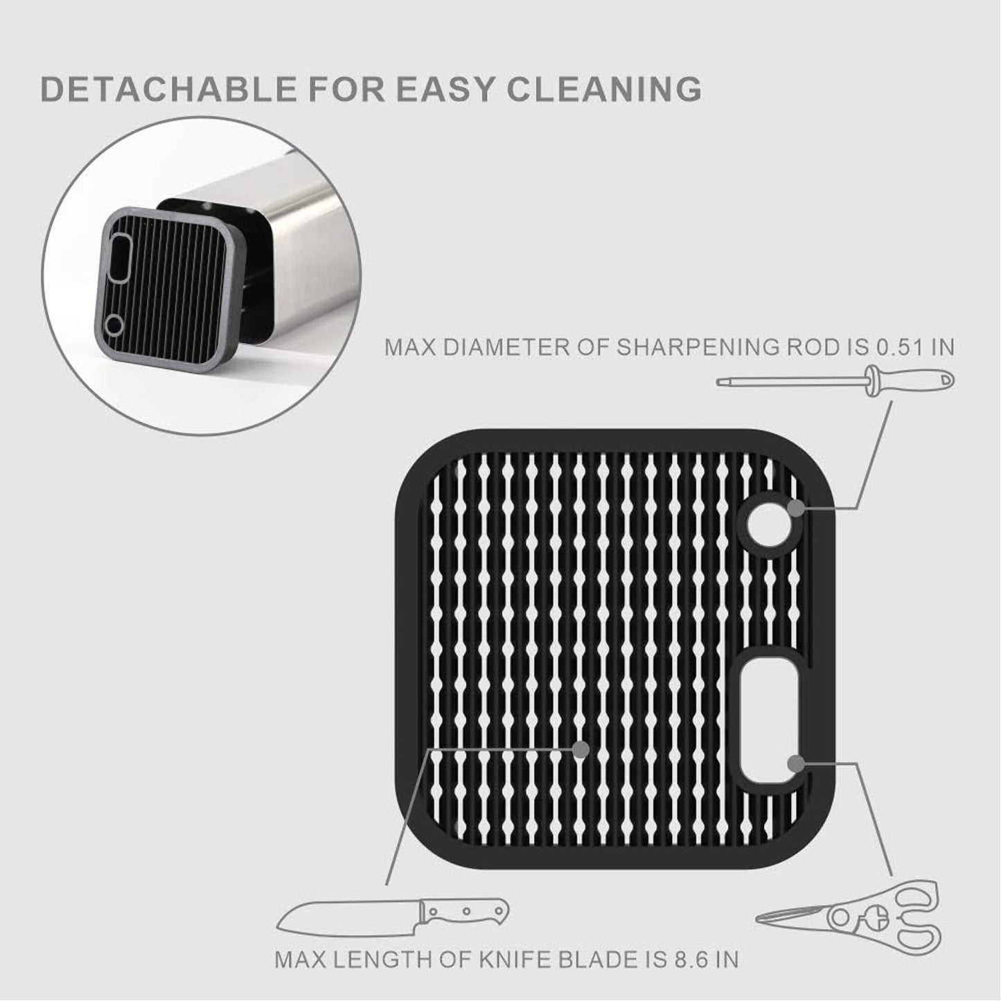 KITCHENDAO Universal Knife Block in Stainless Steel with Slots for Scissors and Sharpening Rod, Capacity 12-15 Knives
