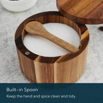 KITCHENDAO Salt Cellar with Swivel Lid and Spoon in Acacia Wood, 6OZ Capacity