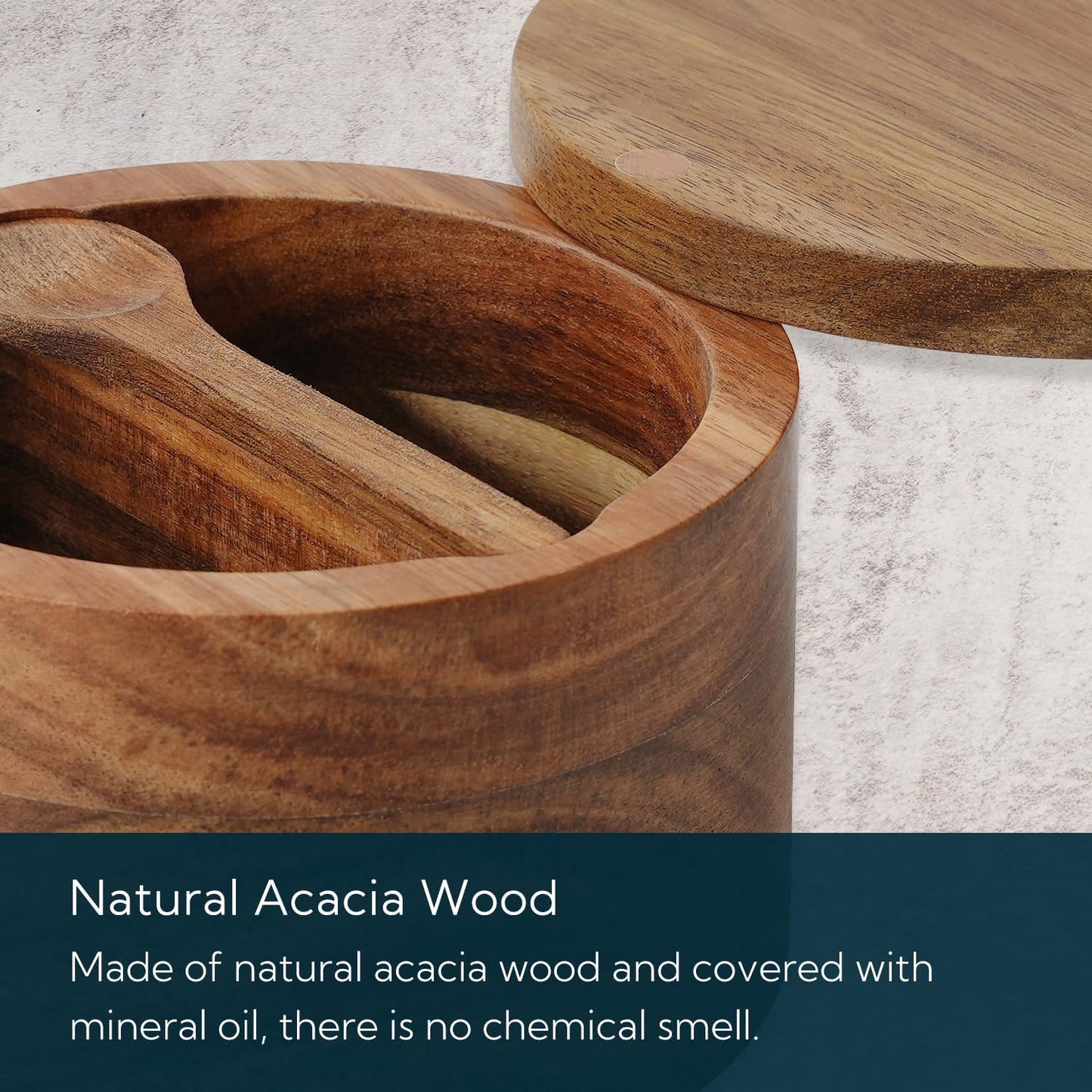 KITCHENDAO Acacia Wood Salt and Pepper Bowl with Magnetic Swivel Lid and Spoon, Dual 5OZ Capacity
