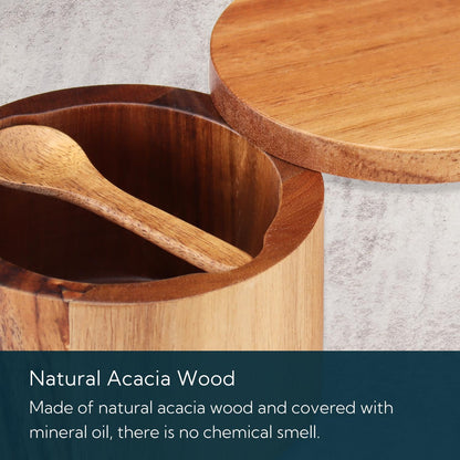 KITCHENDAO Salt Cellar with Swivel Lid and Spoon in Acacia Wood, 6OZ Capacity