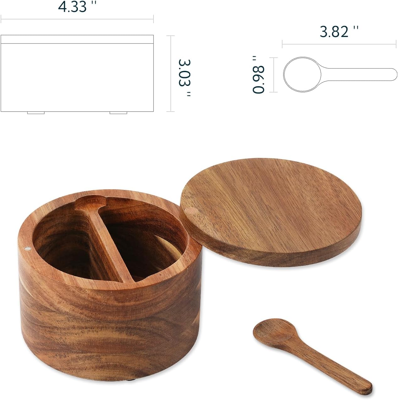 KITCHENDAO Acacia Wood Salt and Pepper Bowl with Magnetic Swivel Lid and Spoon, Dual 5OZ Capacity