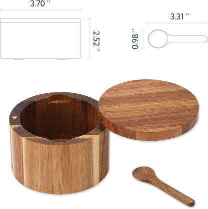 KITCHENDAO Salt Cellar with Swivel Lid and Spoon in Acacia Wood, 6OZ Capacity
