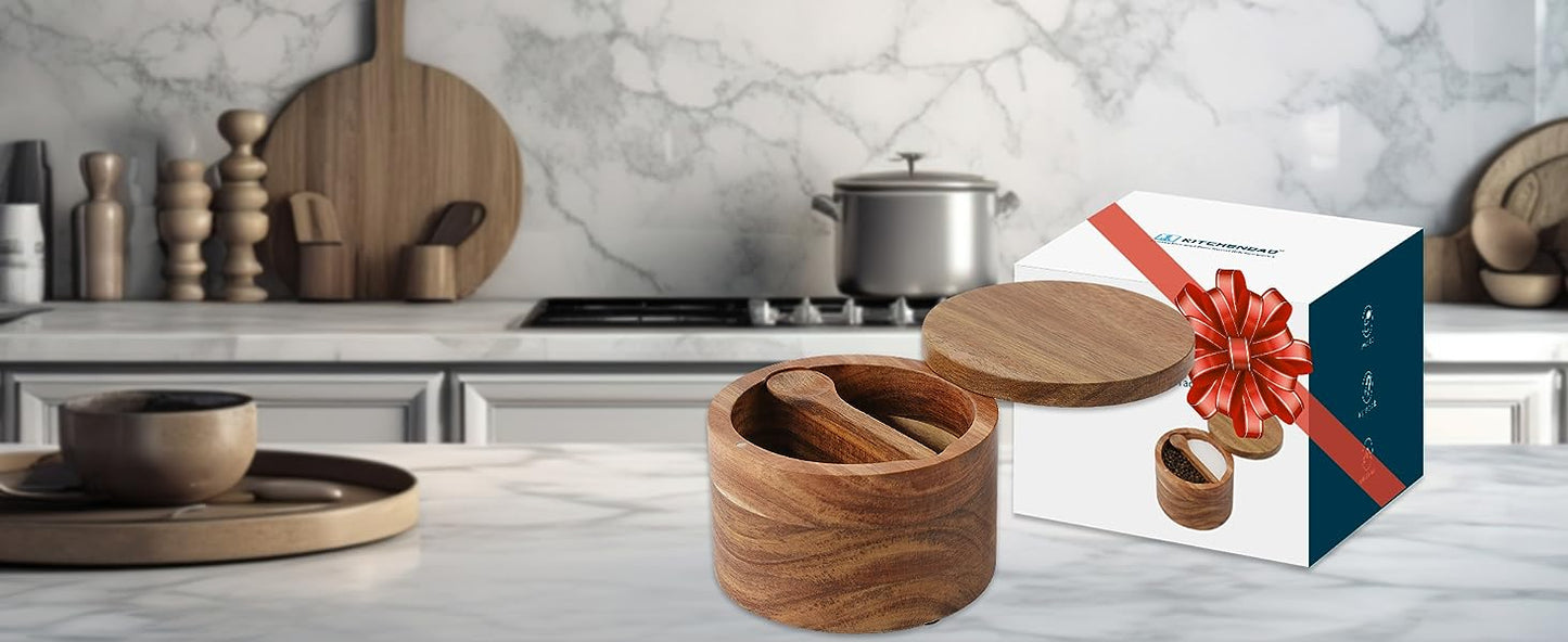 KITCHENDAO Acacia Wood Salt and Pepper Bowl with Magnetic Swivel Lid and Spoon, Dual 5OZ Capacity