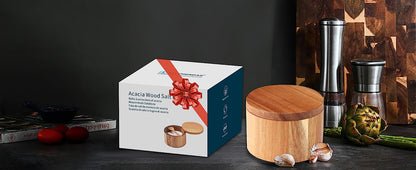 KITCHENDAO Salt Cellar with Swivel Lid and Spoon in Acacia Wood, 6OZ Capacity