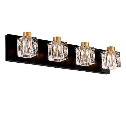 4-Light Matte Black + Gold Bathroom Light Fixtures, Modern Vanity Lights with Crystal Glass Shade, Vintage  Light Fixture Bathroom Over Mirror Wall Lights for Kitchen Dinning Room Bedroom Hallway