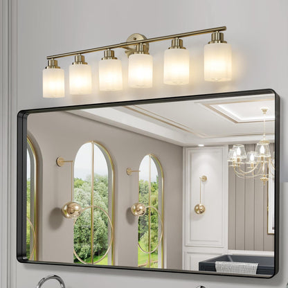 39" Modern 6-Light Vanity Wall Sconce, Golden Finish with Frosted Glass Shades for Bathroom or Hallway Lighting (No Bulbs)