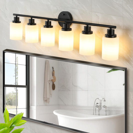 39" Modern 6-Light Vanity Bathroom Mirror Light, Frosted White Glass with Black Iron Frame, Contemporary Wall Sconce for Bedroom, Bathroom, and Dressing Room (No Bulbs)