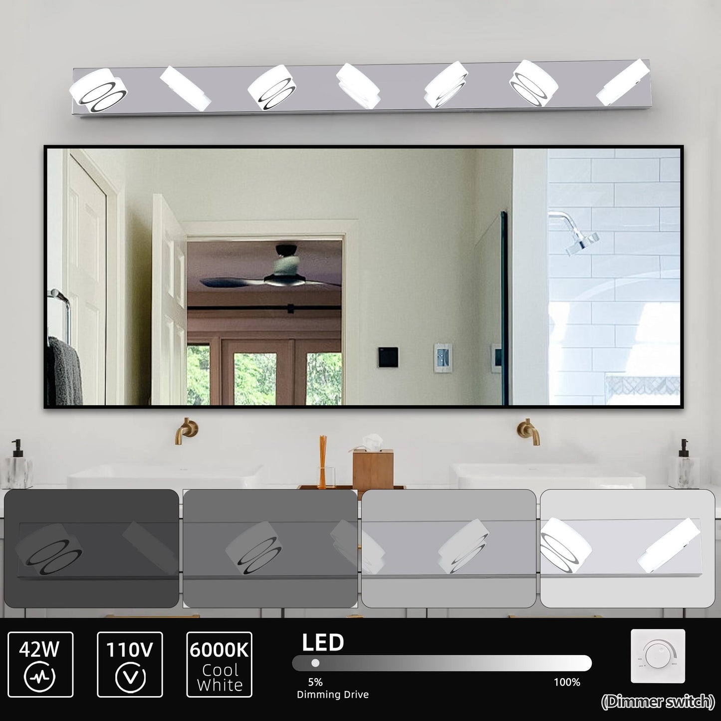52" Modern 7-Light LED Vanity Light Fixture - Chrome Finish with Acrylic Light Shades - Energy-Efficient Bathroom Wall Sconce - Dimmable for Mirror, Shower, and Bathroom Decor