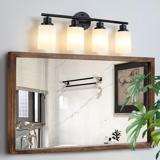 24" Modern 4-Light Vanity Bathroom Mirror Light, Frosted White Glass with Black Iron Frame, Contemporary Wall Sconce for Bedroom, Bathroom, And Dressing Room (Bulb Not Included)