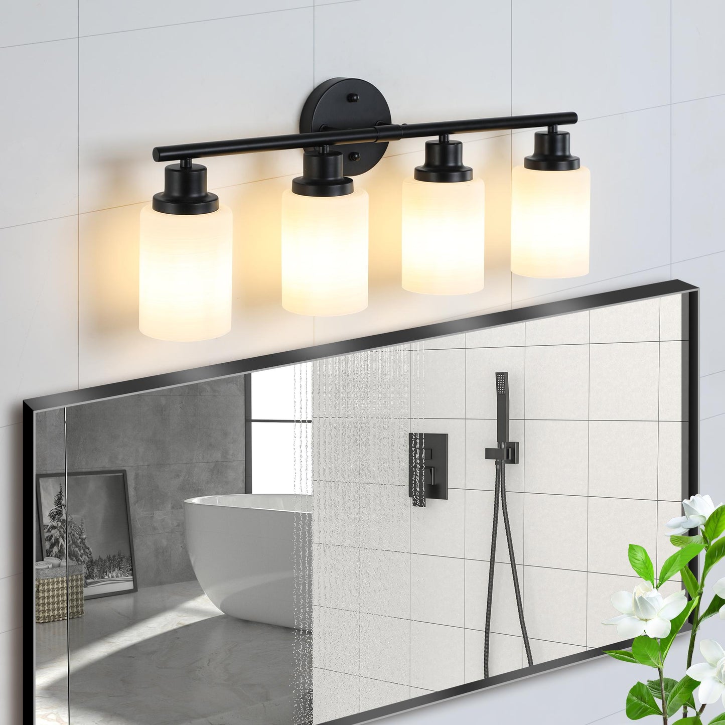 24" Modern 4-Light Vanity Bathroom Mirror Light, Frosted White Glass with Black Iron Frame, Contemporary Wall Sconce for Bedroom, Bathroom, And Dressing Room (Bulb Not Included)