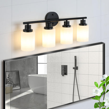 24" Modern 4-Light Vanity Bathroom Mirror Light, Frosted White Glass with Black Iron Frame, Contemporary Wall Sconce for Bedroom, Bathroom, And Dressing Room (Bulb Not Included)