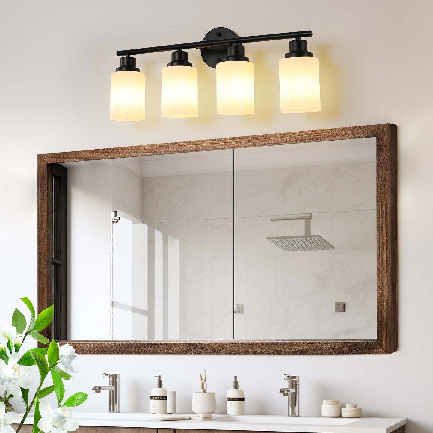 24" Modern 4-Light Vanity Bathroom Mirror Light, Frosted White Glass with Black Iron Frame, Contemporary Wall Sconce for Bedroom, Bathroom, And Dressing Room (Bulb Not Included)