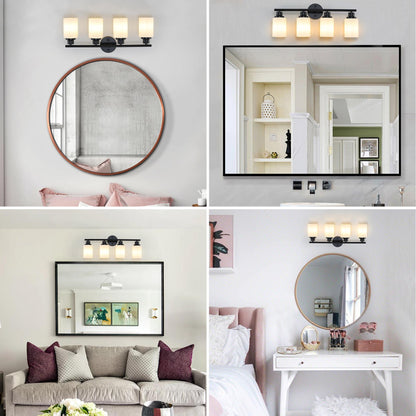 24" Modern 4-Light Vanity Bathroom Mirror Light, Frosted White Glass with Black Iron Frame, Contemporary Wall Sconce for Bedroom, Bathroom, And Dressing Room (Bulb Not Included)