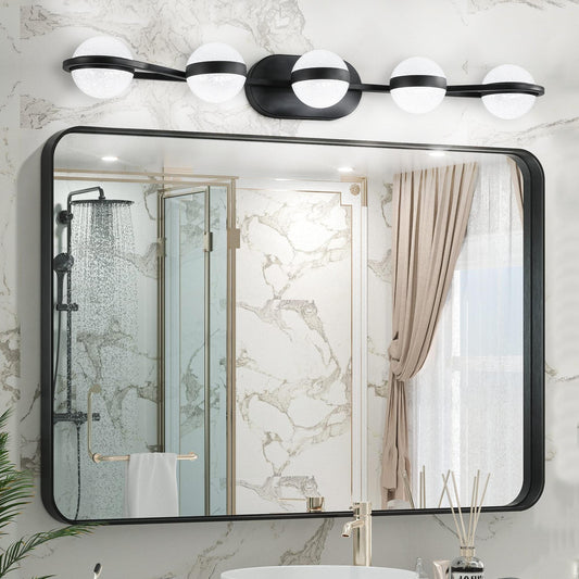 35" Modern Minimalist Bathroom Vanity Light, LED 5 Bulb Crystal Sand Acrylic Shades, Wall Mounted Decorative Lighting Fixture, Suitable for Bathroom Vanity Mirror (Black)