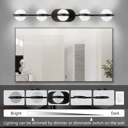 35" Modern Minimalist Bathroom Vanity Light, LED 5 Bulb Crystal Sand Acrylic Shades, Wall Mounted Decorative Lighting Fixture, Suitable for Bathroom Vanity Mirror (Black)