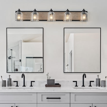 40" Farmhouse Vanity Light Fixture, 5-Light Bathroom Wall Sconce with Clear Seeded Glass Shades, Black and Wood Grain Finish, Modern Industrial Design for Bathroom or Powder Room (No Bulbs)