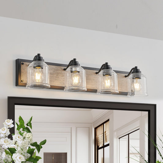 32" Farmhouse Vanity Light Fixture, 4-Light Bathroom Wall Sconce with Clear Seeded Glass Shades, Black and Wood Grain Finish, Modern Industrial Design for Bathroom or Powder Room (No Bulbs)