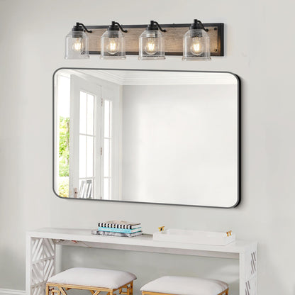 32" Farmhouse Vanity Light Fixture, 4-Light Bathroom Wall Sconce with Clear Seeded Glass Shades, Black and Wood Grain Finish, Modern Industrial Design for Bathroom or Powder Room (No Bulbs)