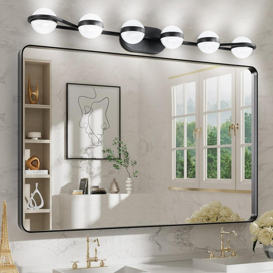 43" Black Minimalist LED Bathroom Vanity Light with Crystal Sand Acrylic Shades,6-Light Wall Mounted Decorative Lighting Fixture, Suitable for Bathroom Vanity Mirror