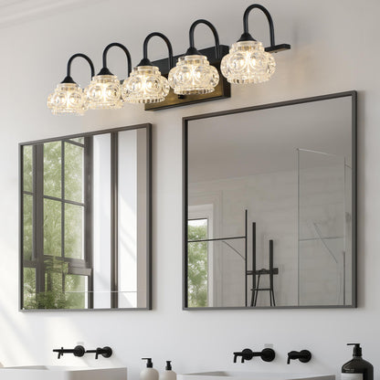 29" Retro 5-Light Bathroom Vanity Light Fixture - Black Finish with Crystal Glass Shades, Wall Mounted Lighting for Bathroom, Powder Room, and Vanity Mirror (No Bulbs)