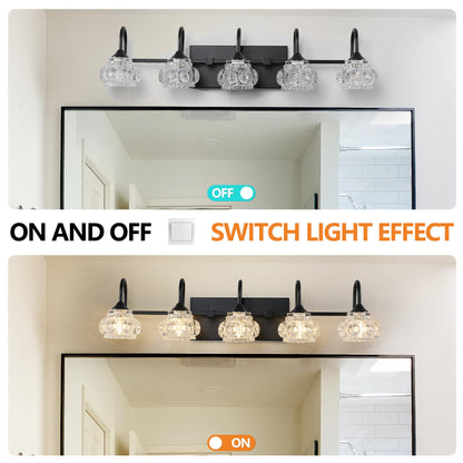 29" Retro 5-Light Bathroom Vanity Light Fixture - Black Finish with Crystal Glass Shades, Wall Mounted Lighting for Bathroom, Powder Room, and Vanity Mirror (No Bulbs)