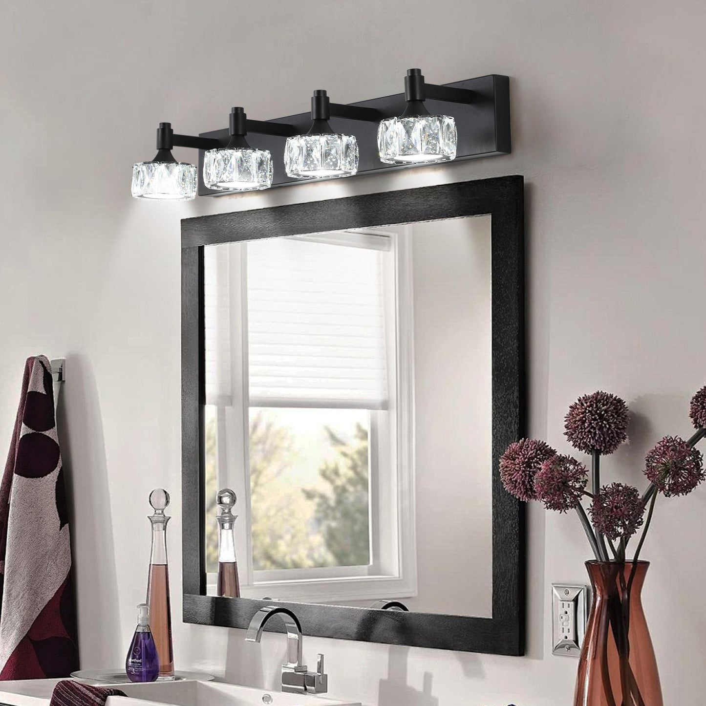 Modern 4-Light Matte Black LED Vanity Light Fixture with Crystal Glass Shades, Bathroom Wall Sconce for Elegant and Contemporary Home Decor