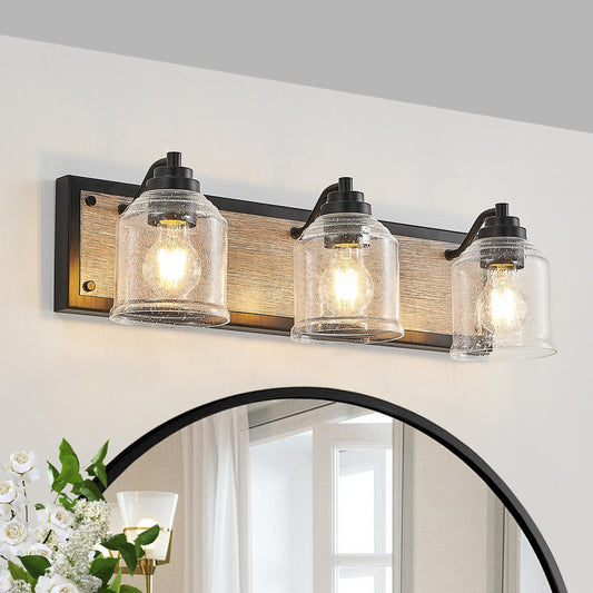 23" Farmhouse Vanity Light Fixture, 3-Light Bathroom Wall Sconce with Clear Seeded Glass Shades, Black and Wood Grain Finish, Modern Industrial Design for Bathroom or Powder Room (No Bulbs)