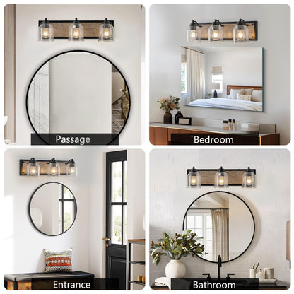 23" Farmhouse Vanity Light Fixture, 3-Light Bathroom Wall Sconce with Clear Seeded Glass Shades, Black and Wood Grain Finish, Modern Industrial Design for Bathroom or Powder Room (No Bulbs)