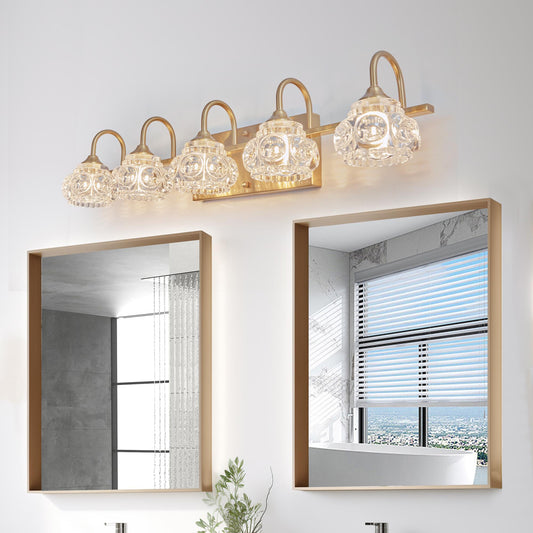 29" Modern Crystal Bathroom Vanity Light, 5-Light Golden Wall Sconce with Clear Glass Shade, Elegant Wall Mount Lighting for Bathroom, Powder Room, or Vanity Mirror (No Bulbs)