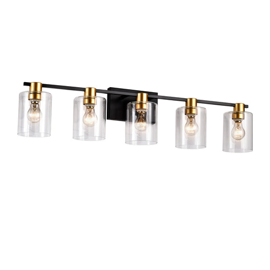 5-Light Matte Black + Matte Gold Color Bathroom Light Fixtures, Modern Vanity Lights with  Glass Shade, Vintage  Light Fixture Bathroom Over Mirror Wall Lights for Kitchen Dinning Room Bedroom Hallway