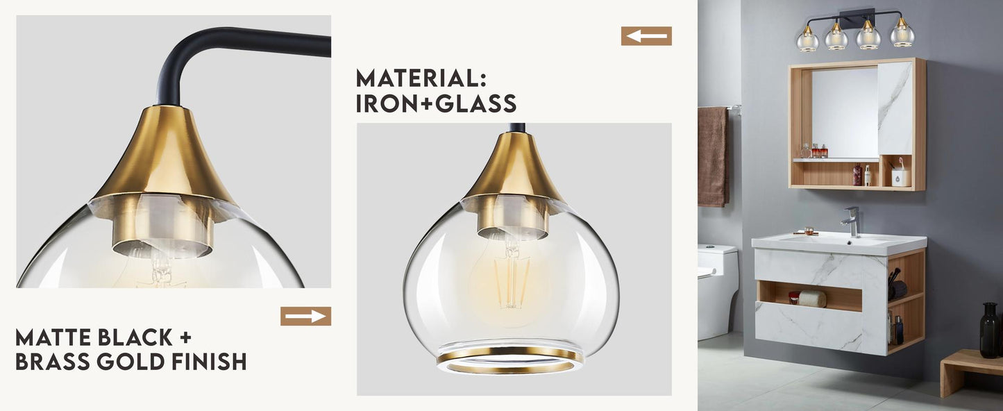 Home Decorative Bedroom Bathroom Vanity Light Matte Black Antique Brass Iron Glass 4-Light E26 Bulb Wall Mounted Light