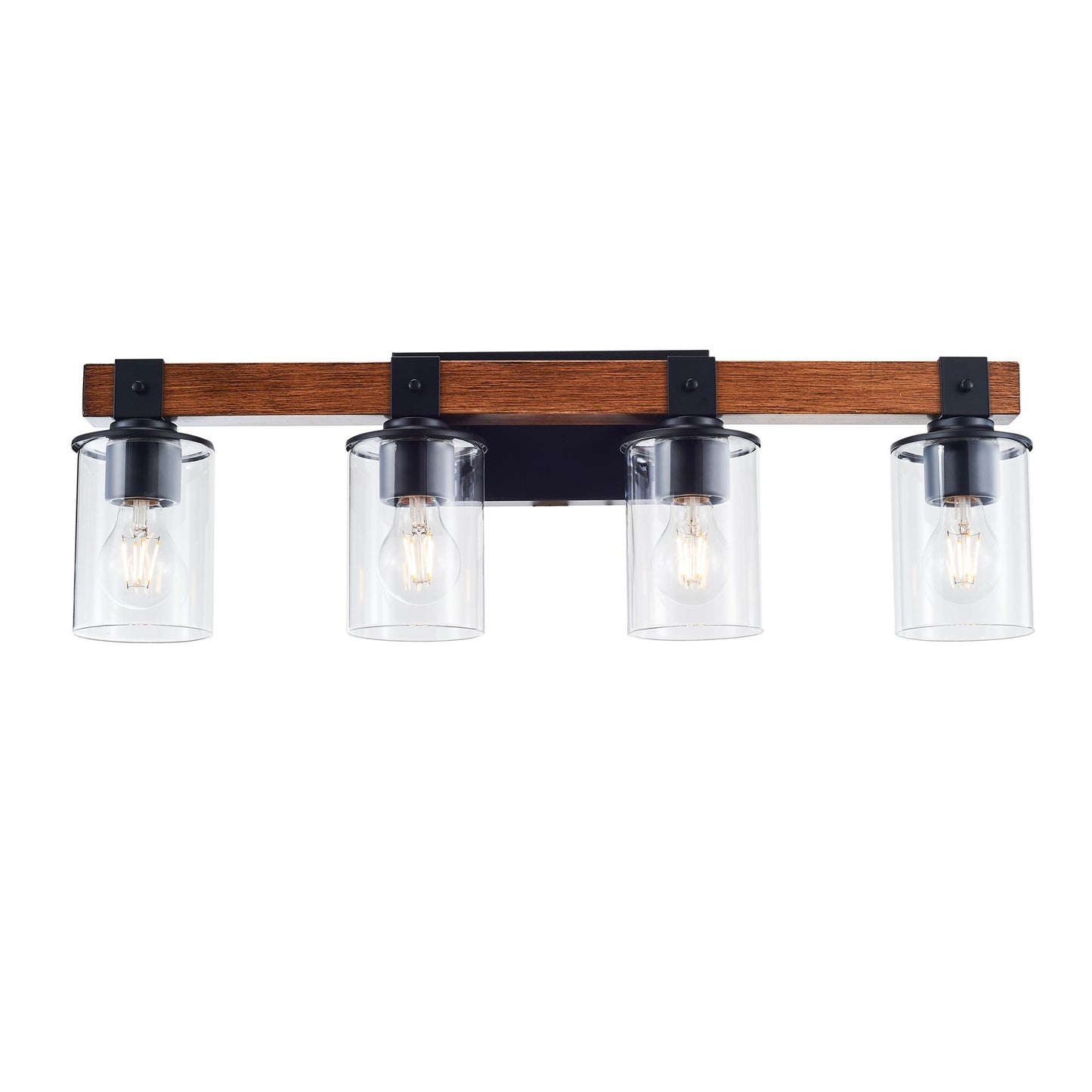 4-Light E26 Bulb Industrial Style Farmhouse Wall Light , Rustic Wood Bathroom Vanity Lights with Clear Glass, Modern Iron Wall Sconce for Bedroom, Kitchen, Hallway