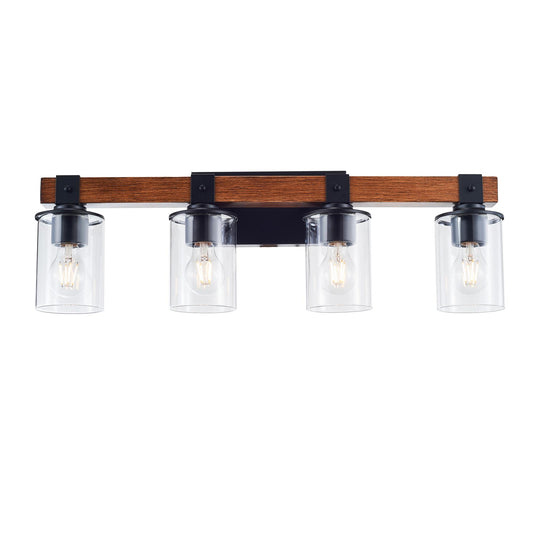 4-Light E26 Bulb Industrial Style Farmhouse Wall Light , Rustic Wood Bathroom Vanity Lights with Clear Glass, Modern Iron Wall Sconce for Bedroom, Kitchen, Hallway