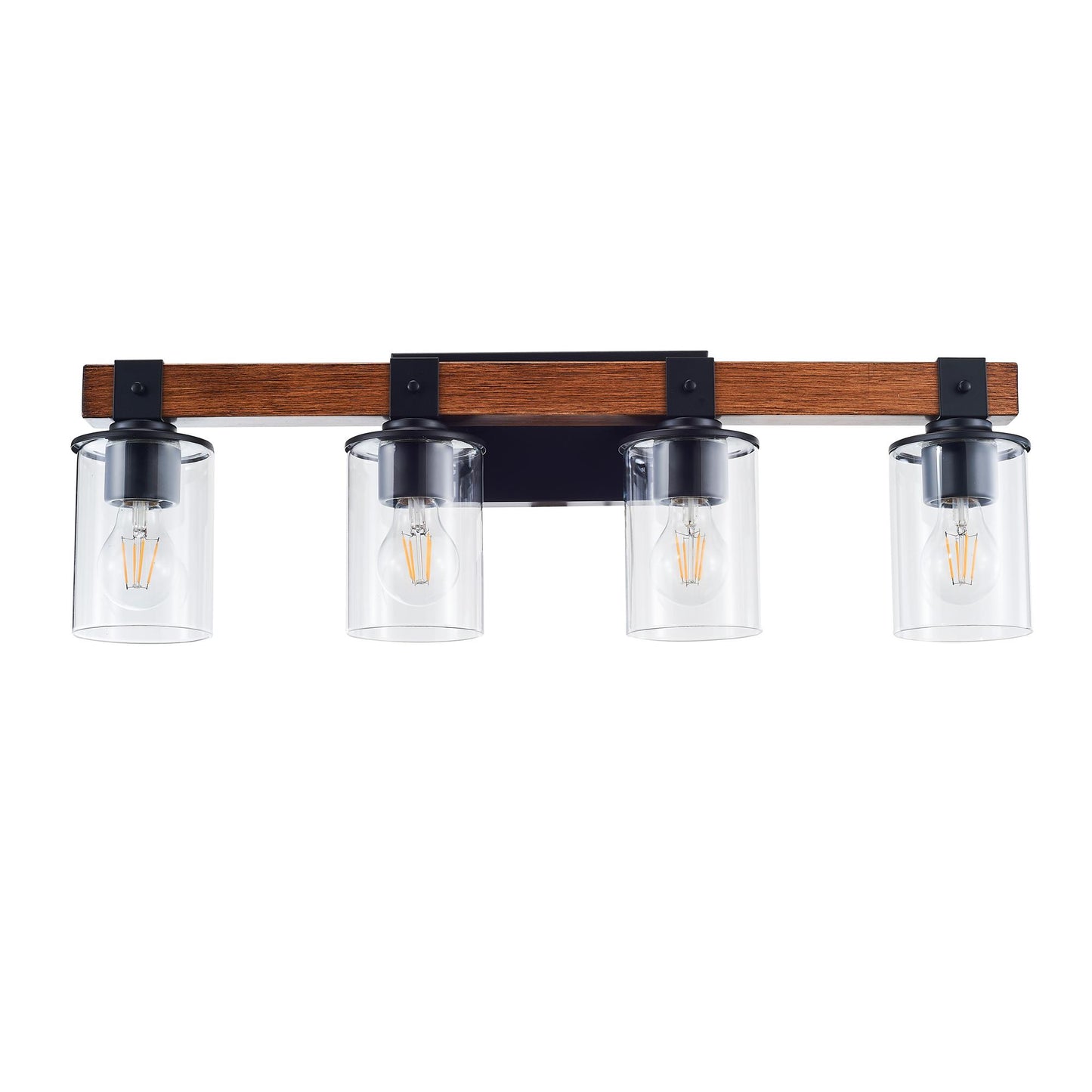 4-Light E26 Bulb Industrial Style Farmhouse Wall Light , Rustic Wood Bathroom Vanity Lights with Clear Glass, Modern Iron Wall Sconce for Bedroom, Kitchen, Hallway