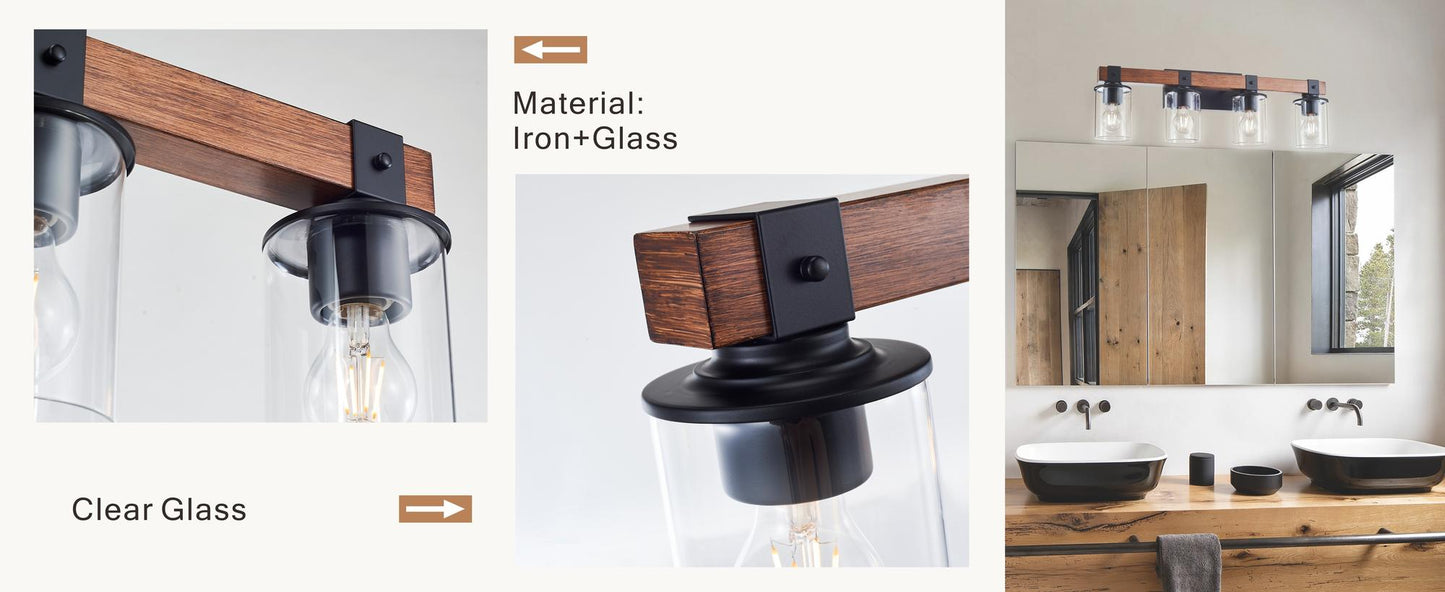 4-Light E26 Bulb Industrial Style Farmhouse Wall Light , Rustic Wood Bathroom Vanity Lights with Clear Glass, Modern Iron Wall Sconce for Bedroom, Kitchen, Hallway