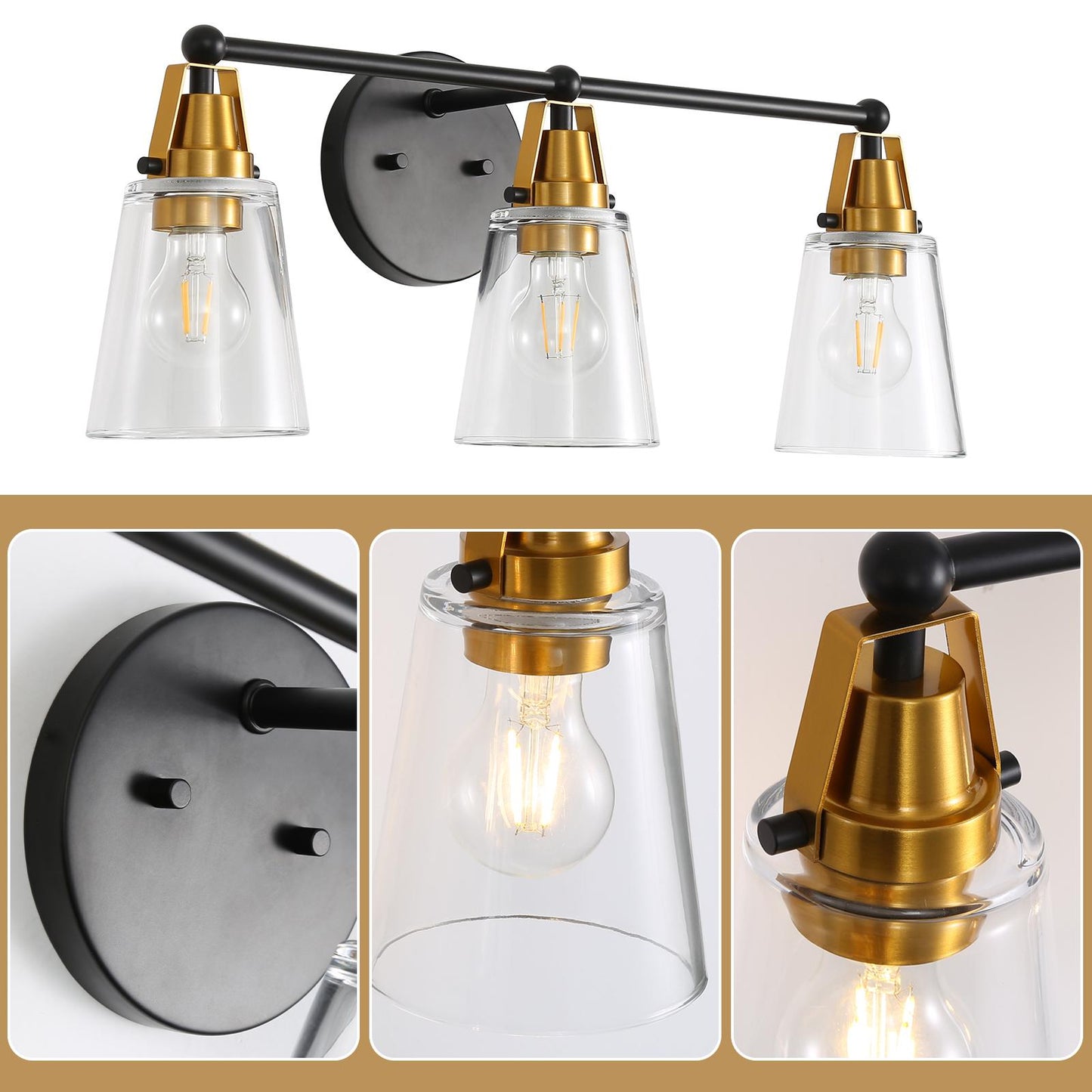 Modern 3-Light Black+Bronze Bathroom Vanity Light with Clear Glass Shade, E26 Wall Sconces Over Mirror for Living Room Bedroom Hallway (Bulb Not Included)