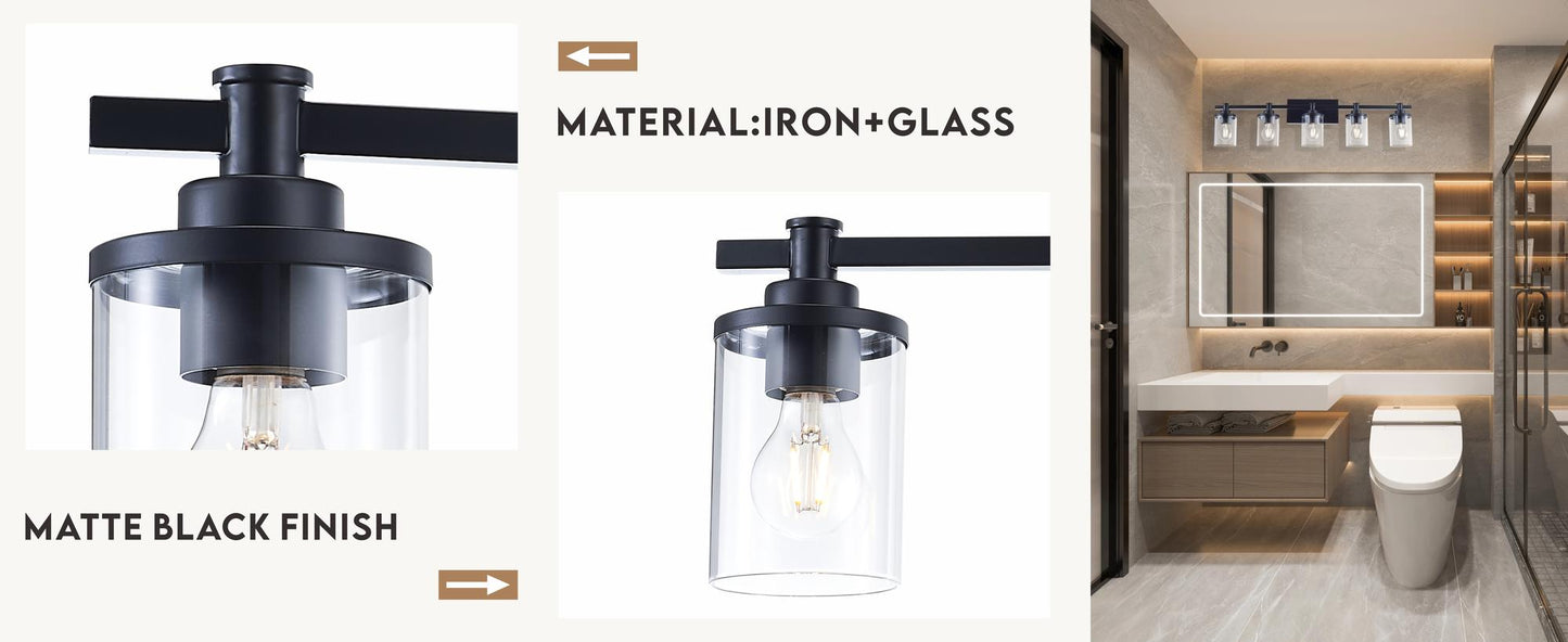 5-Light E26 Bulb Vanity Lights,Matte Black Bathroom Vanity Light Fixtures with Clear Glass, Indoor Wall Light for Bathroom, Living Room, Mirror, Bedroom,Hallway