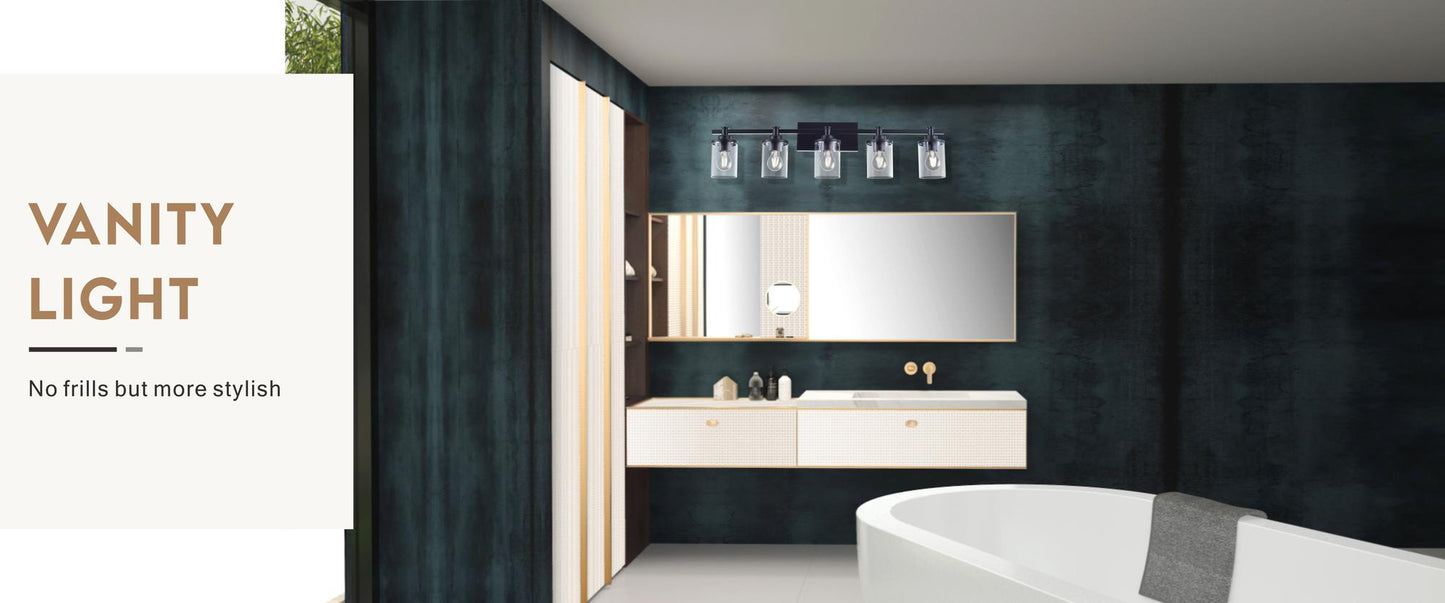5-Light E26 Bulb Vanity Lights,Matte Black Bathroom Vanity Light Fixtures with Clear Glass, Indoor Wall Light for Bathroom, Living Room, Mirror, Bedroom,Hallway