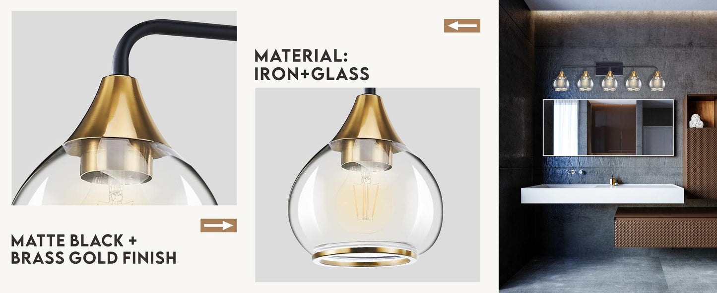 5-Lights Matte Black Antique Brass Color Iron Glass E26 Bulb Bedroom Wall-Mounted Lighting Fixtures Bathroom Vanity Light