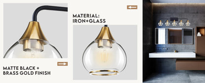 5-Lights Matte Black Antique Brass Color Iron Glass E26 Bulb Bedroom Wall-Mounted Lighting Fixtures Bathroom Vanity Light