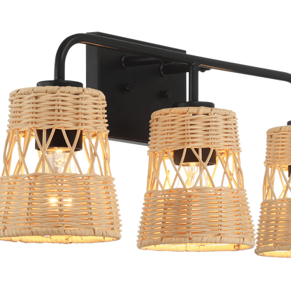 Moonlit Three Lights Wall Sconce With Rattan Shade, Bathroom Lighting Fixtures Over Mirror