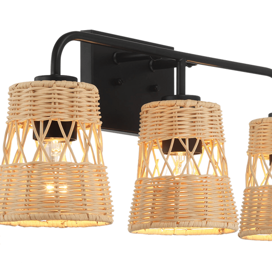 Moonlit Three Lights Wall Sconce With Rattan Shade, Bathroom Lighting Fixtures Over Mirror
