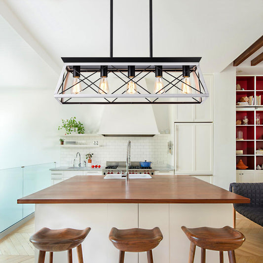 32" Black White Industrial 5-Light Pendant Chandelier, Modern Metal Cage Design, Adjustable Hanging Light for Dining Room, Kitchen, Living Room (No Bulbs)