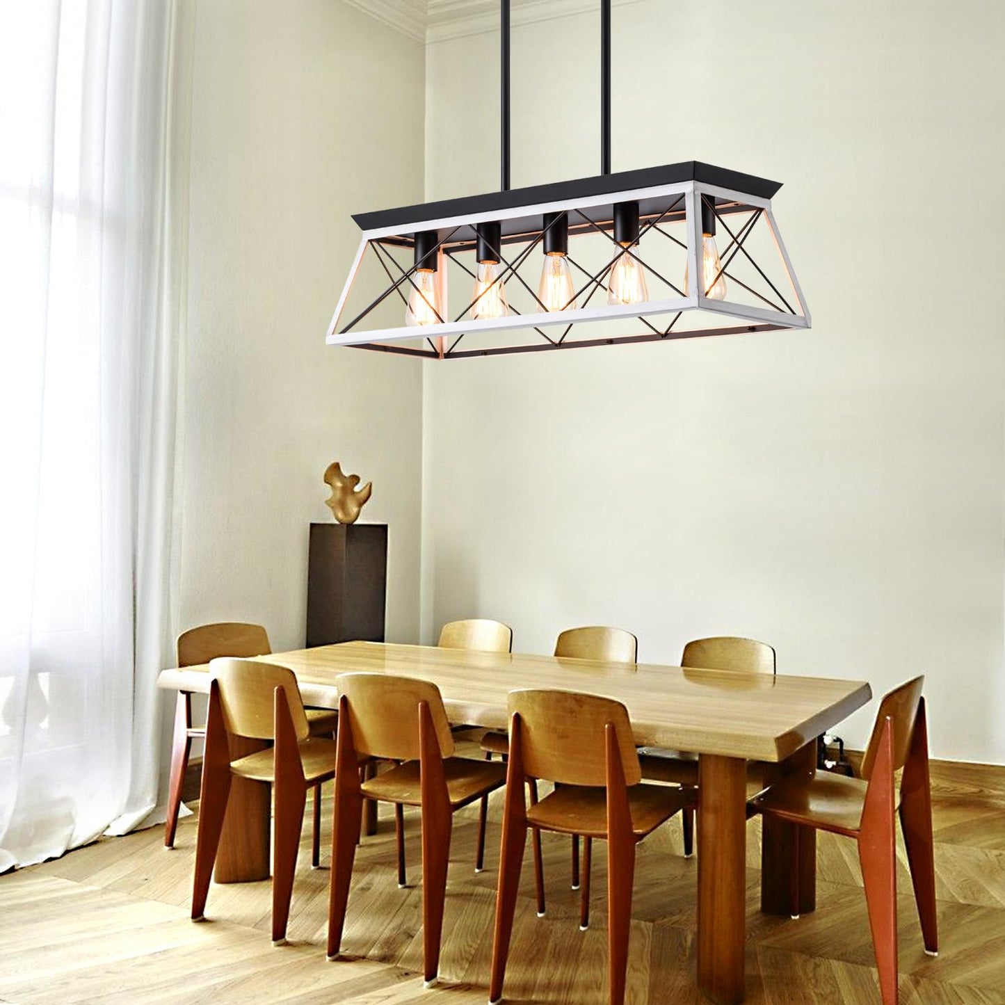 32" Black White Industrial 5-Light Pendant Chandelier, Modern Metal Cage Design, Adjustable Hanging Light for Dining Room, Kitchen, Living Room (No Bulbs)